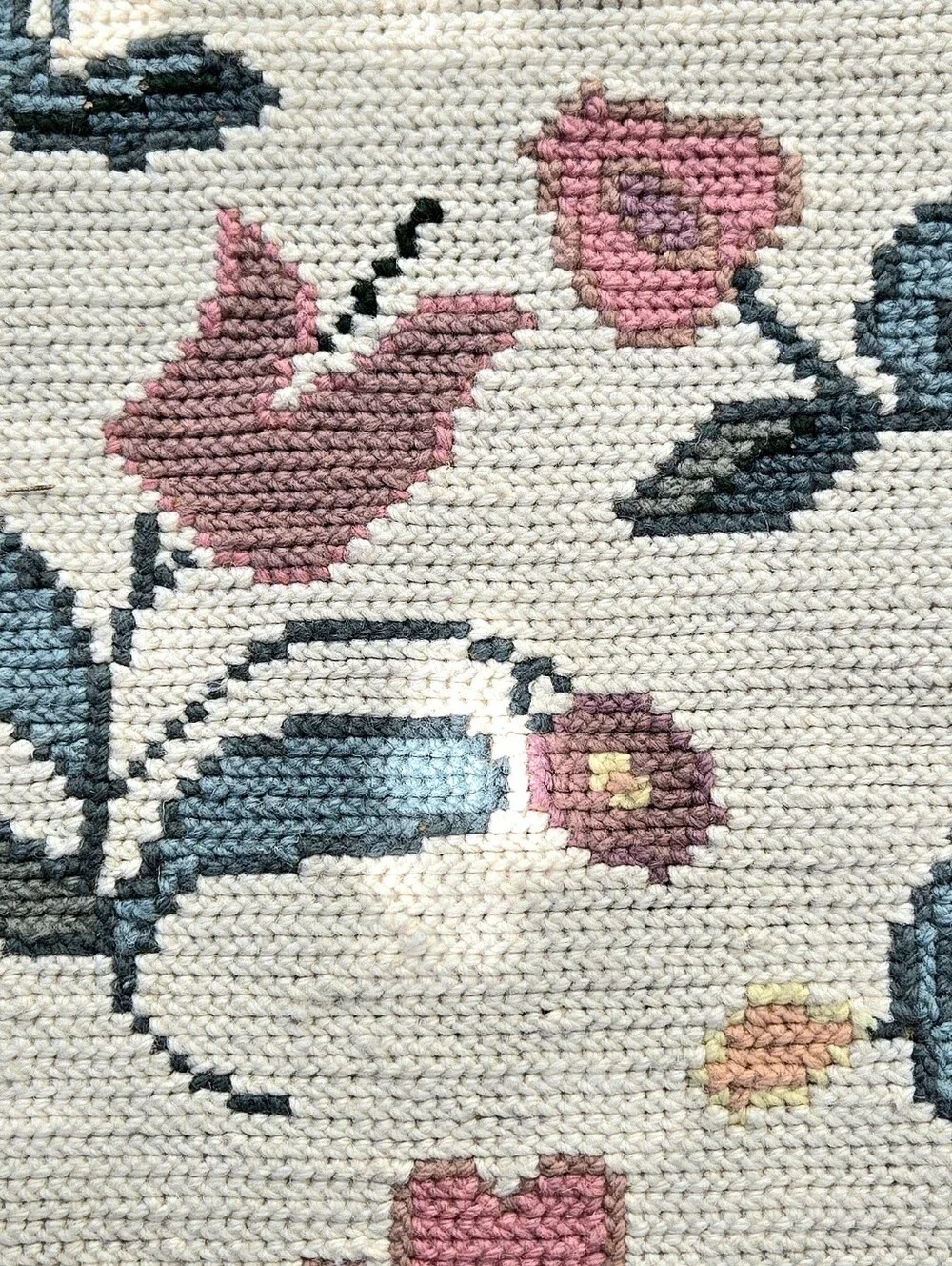 Handknitted Floral Tapestry Pink & Green Fringed Shabby Cottagecore Coquette